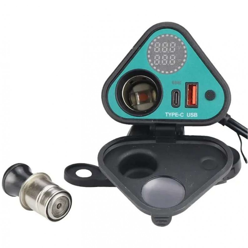 AKE - 3 in 1 Motorcycle Mobile Charger MC08-25 YF-286-B – Dual USB & Type-C Fast Charger, Ciga-rette Lighter Socket, Voltmeter & Temperature Display
