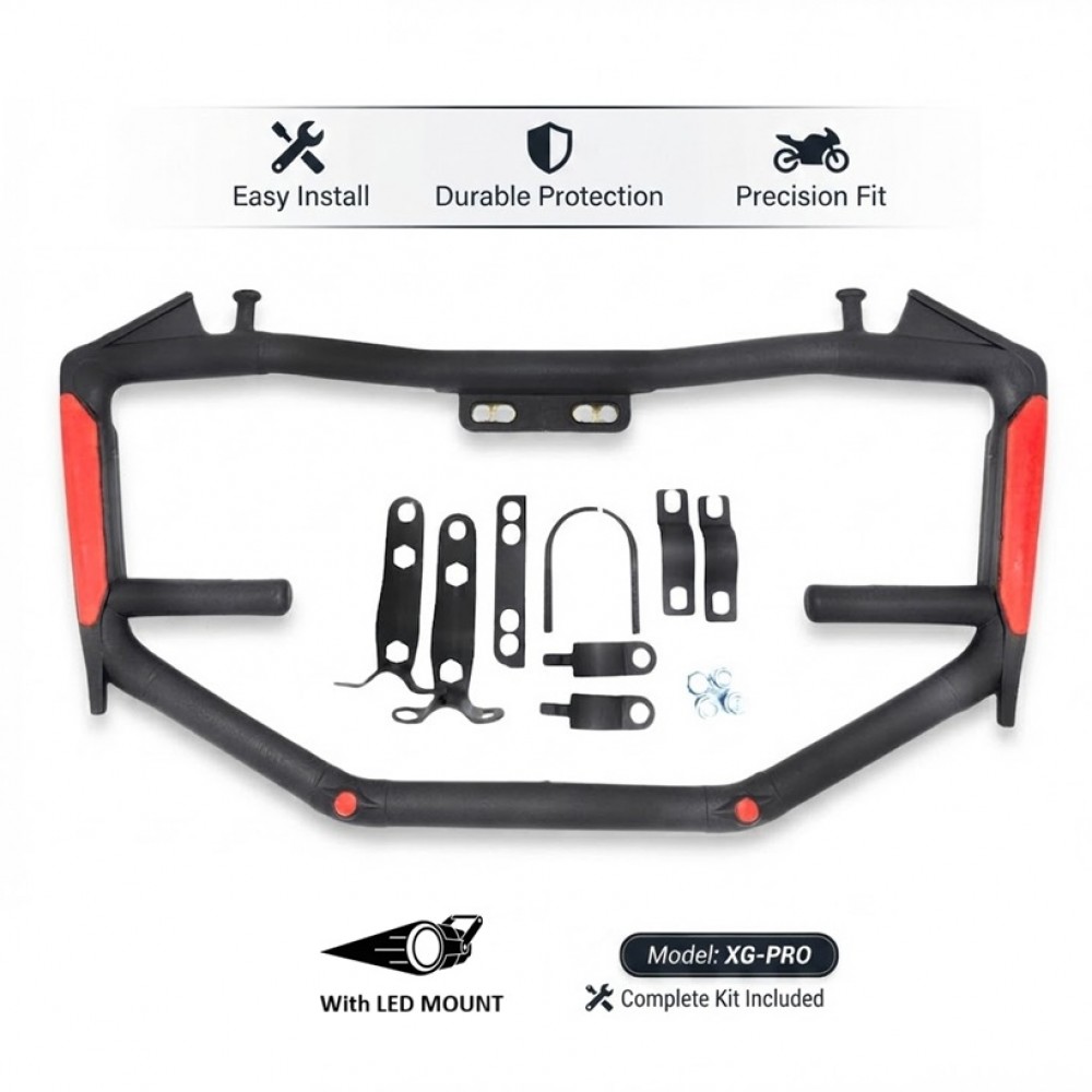 AKE - Universal Shorty Batman Style Crash Protector Bar for Motorcycles with LED Mount | Heavy-Duty Matt Black Safety Guard with Red Reflectors ABS Coated | Fits YBR, CB150F, GS150, CG125 & More