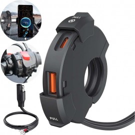 Dual Port Motorcycle Fast Charger USB QC 3.0 & Type-C PD 30W Waterproof IP65 Phone Charger Handlebar Mount for Adventure Touring Bikes