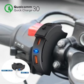 Dual Port Motorcycle Fast Charger USB QC 3.0 & Type-C PD 30W Waterproof IP65 Phone Charger Handlebar Mount for Adventure Touring Bikes