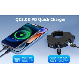 Dual Port Motorcycle Fast Charger USB QC 3.0 & Type-C PD 30W Waterproof IP65 Phone Charger Handlebar Mount for Adventure Touring Bikes