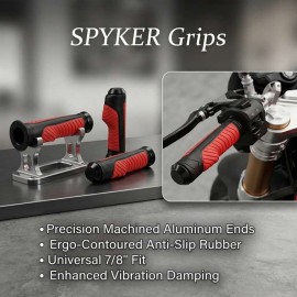 AKE - Spyker Universal 7/8" Motorcycle Handlebar Grips | Anti-Skid Aluminum & Soft Rubber Hand Grips for Touring & Commuter Bikes | Red & Black