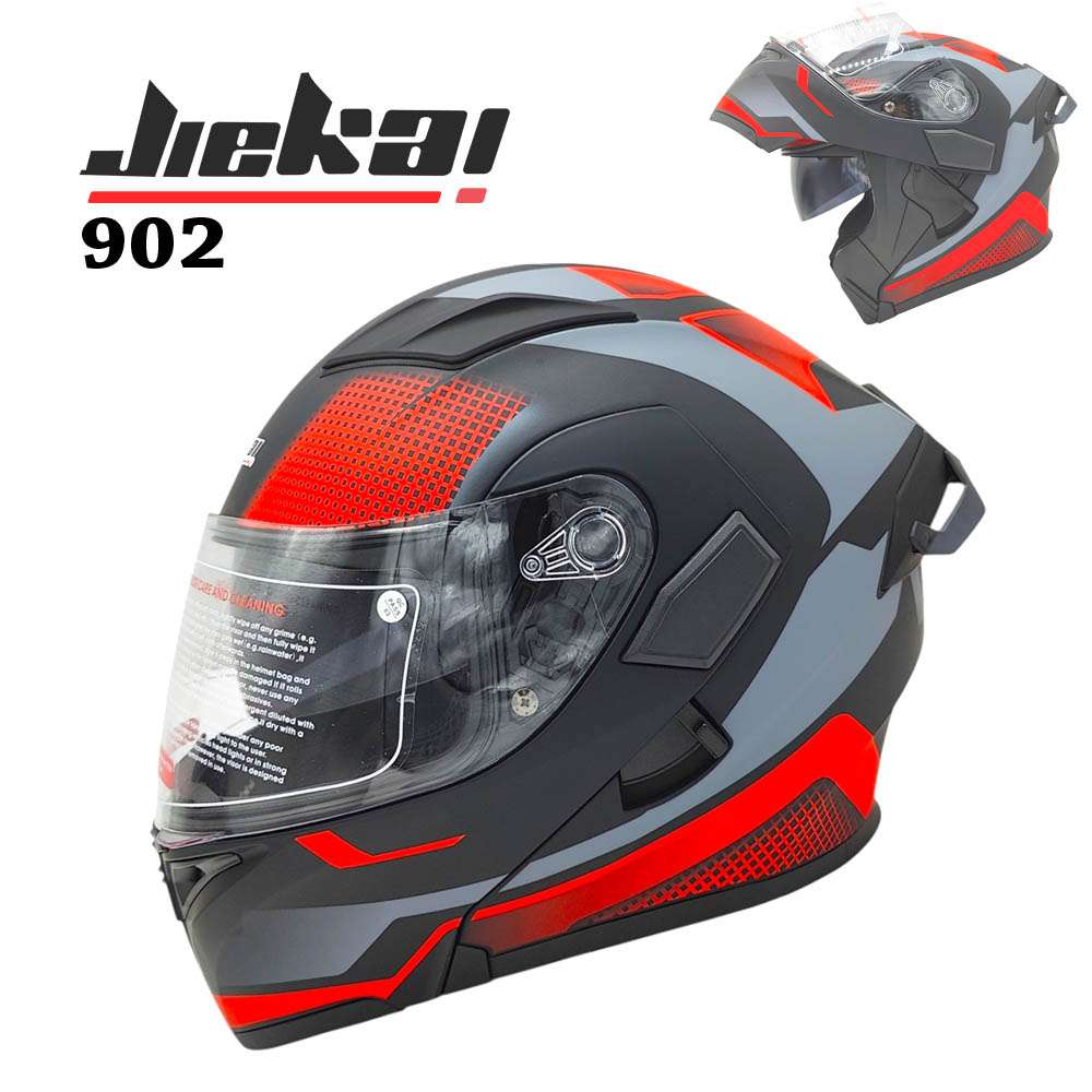 JIEKAI 902 Flip Up Motorcycle Helmet - Mesh Red Black Matt Finish - DOT Certified Dual Visor with Spoiler