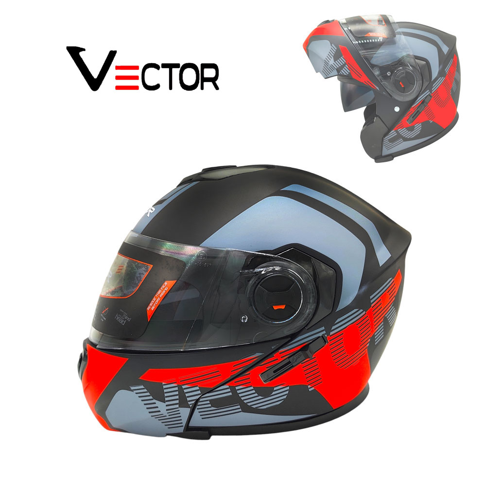 Vector VT 260 Modular Flip-Up Helmet - Dual Visor with Reflector - DOT Certified Matt Black Red