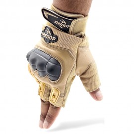 BSDDP Fingerless Tactical Motorcycle Gloves Mobile Friendly – Hard Knuckle Protection & Breathable Leather (Black & Khaki)