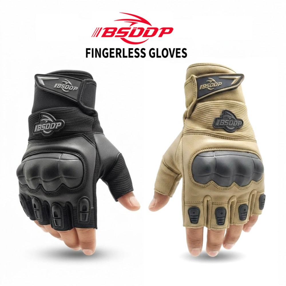 BSDDP Fingerless Tactical Motorcycle Gloves Mobile Friendly – Hard Knuckle Protection & Breathable Leather (Black & Khaki)