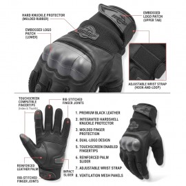 BSDDP Full Finger Tactical Motorcycle Gloves Mobile Friendly – Hard Knuckle Protection & Breathable Leather (Black & Khaki)