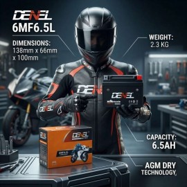 DENEL 6MF6.5L AGM 12V 6.5Ah Motorcycle Battery For Honda Suzuki Yamaha Scooty - High Pure Lead - 6 Months Warranty