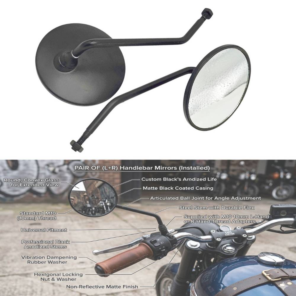Universal Round Motorcycle Side Mirrors - 10cm Classic Rear view Convex Mirrors with 8mm Thread for Motorbikes & E-Bikes