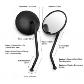 Universal Round Motorcycle Side Mirrors - 10cm Classic Rear view Convex Mirrors with 8mm Thread for Motorbikes & E-Bikes