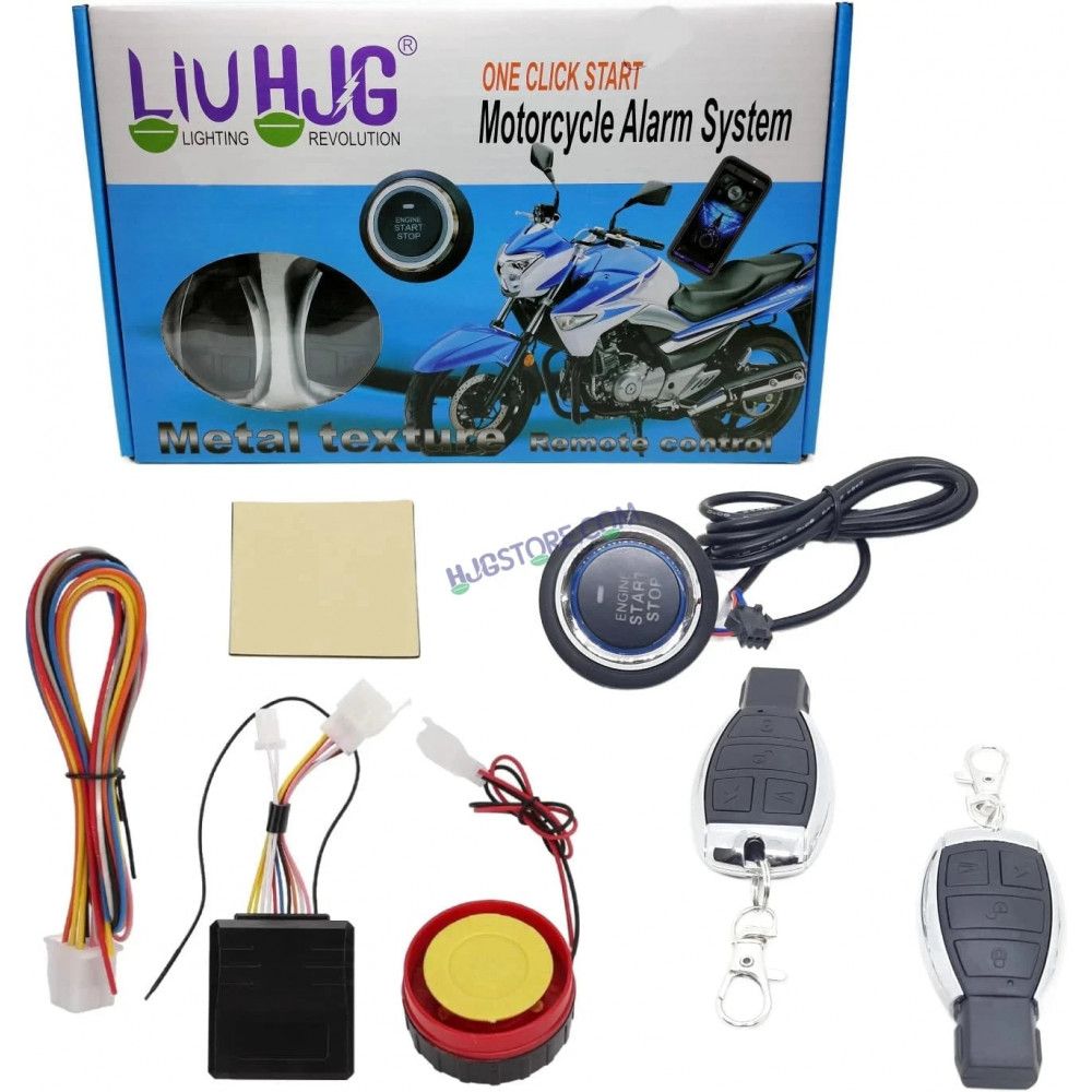 HJG Push Button Alarm System Kit Keyless Start One-Way Bike Alarm Kit for Two Wheeler Security HJG Anti-Theft Alarm System Kit (Loud Siren, Flashing Light 125 dB) LIU HJG Push Button Alarm System Kit