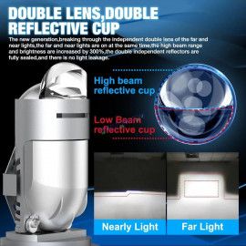 HJG RTD Lens H4 1pc for Car New Model RTD Lens Dual Projector Lens H4 LED Bulb 100W HJG Projector Light H4 LED Mini Projector Lens with Fan Bulb 12000LM Conversion Kit Hi/Lo Beam Headlight 12V/24V for Bike/Car/SUV,  Red Devil DRL/White Hi/Lo 1pc
