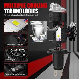 HJG RTD Lens H4 1pc for Car New Model RTD Lens Dual Projector Lens H4 LED Bulb 100W HJG Projector Light H4 LED Mini Projector Lens with Fan Bulb 12000LM Conversion Kit Hi/Lo Beam Headlight 12V/24V for Bike/Car/SUV,  Red Devil DRL/White Hi/Lo 1pc