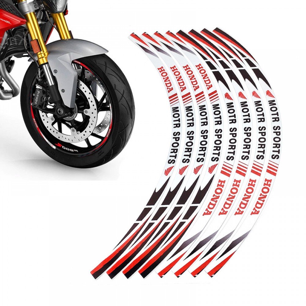 High Quality Motorcycle Tyre Waterproof Wheel Logo Sticker Rim Personality Reflective Stripe Honda Motor Sports Rim Sticker Red for both Wheels Both Sides