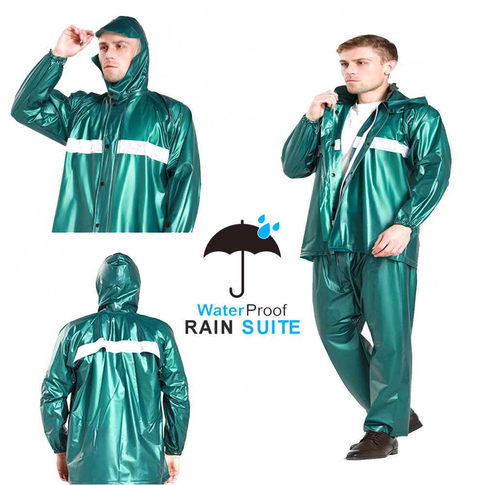 Unisex PVC Rain Suit (Coat + Trouser) Waterproof Size Waist 28"~38" Colour Green