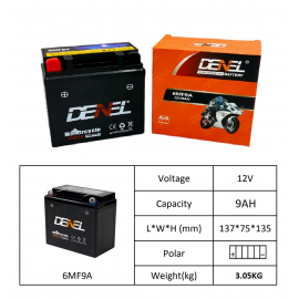 DENEL - MOTORCYCLE DRY BATTERY 9AH/12V FOR SUZUKI GR150, SUZUKI GS150, GS150SE, SUPER BIKES, HEAVY BIKE