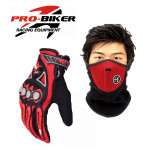 Pro-Biker Motorcycle Gloves & Half Face Winter Mask Protective Gear - Red