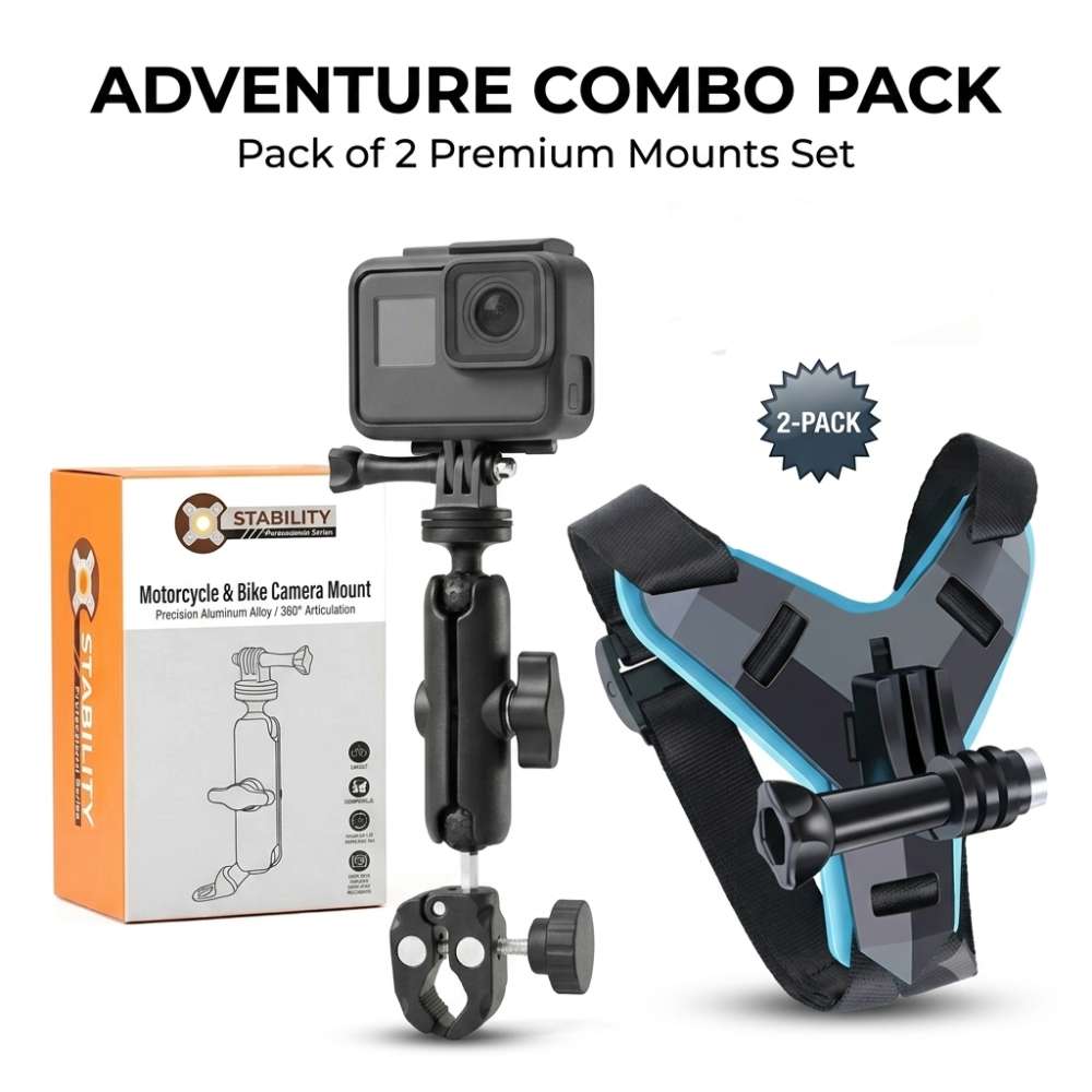 AKE - Adventure Combo Pack for Moto Vloggers (Pack of 2) – Helmet Chin Mount & Heavy Duty Handlebar/Crash Guard Camera Mount Clamp for GoPro, Insta360, DJI Action